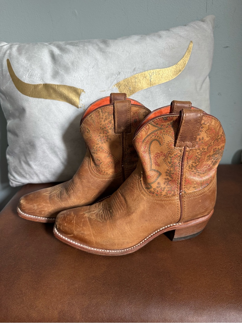 Ladies Brown Paisley Leather Western Ankle Cowboy Boots